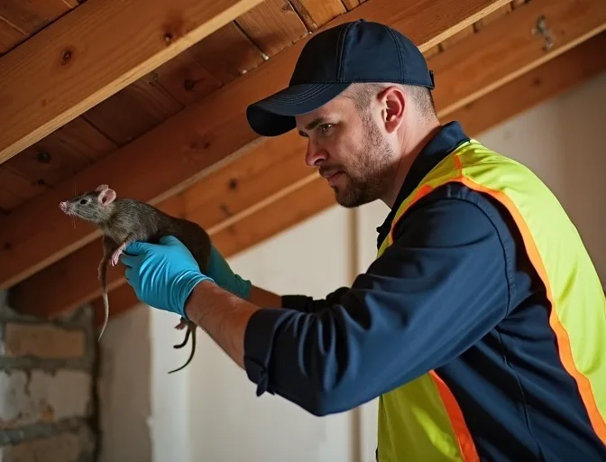 Technician inspecting a roof cavity for a dead rat in Bellfield